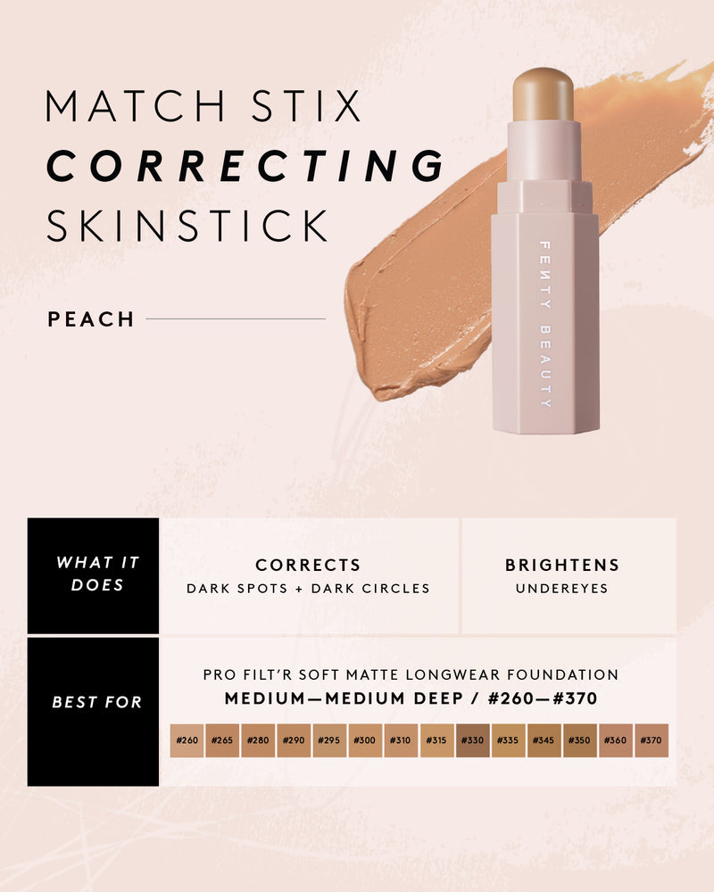 Infographic about Match Stix Correcting Skinstick in shade Peach and the skin tones that they are best for.