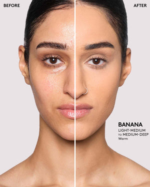 before and after of medium skin toned model wearing banana pro filt'r setting powder