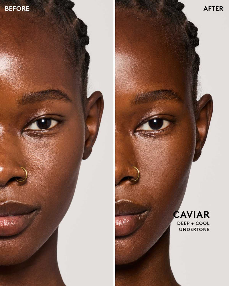 Before and after image of model wearing match stix contour in shade caviar.