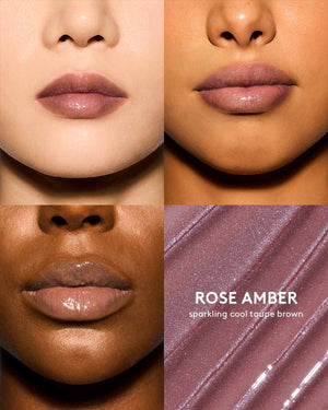Gloss Bomb Oil Luminizing Oil and Gloss in shade Rose Amber on light, medium, and deep skin tones. Supafine Suga is a sparkling cool taupe brown.