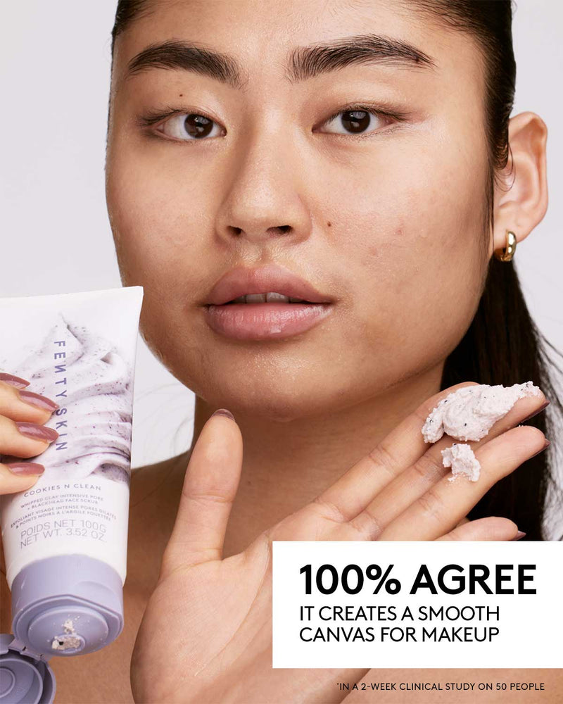 Infographic of model holding Cookies and Clean Face Scrub tube in left hand and product in right hand. Text on the bottom right reads: 100% agree it creates a smooth canvas for makeup in a 2 week clinical study on 50 people./
